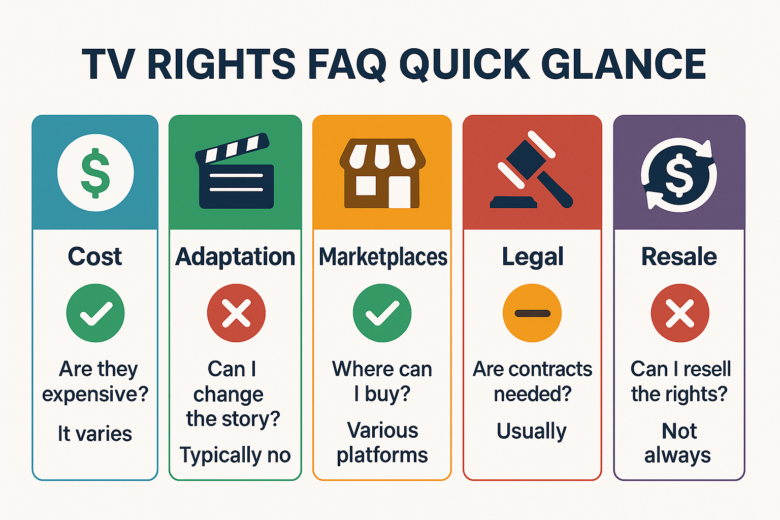 Infographic showing a quick FAQ overview on TV rights covering cost, adaptation, marketplaces, legal requirements, and resale