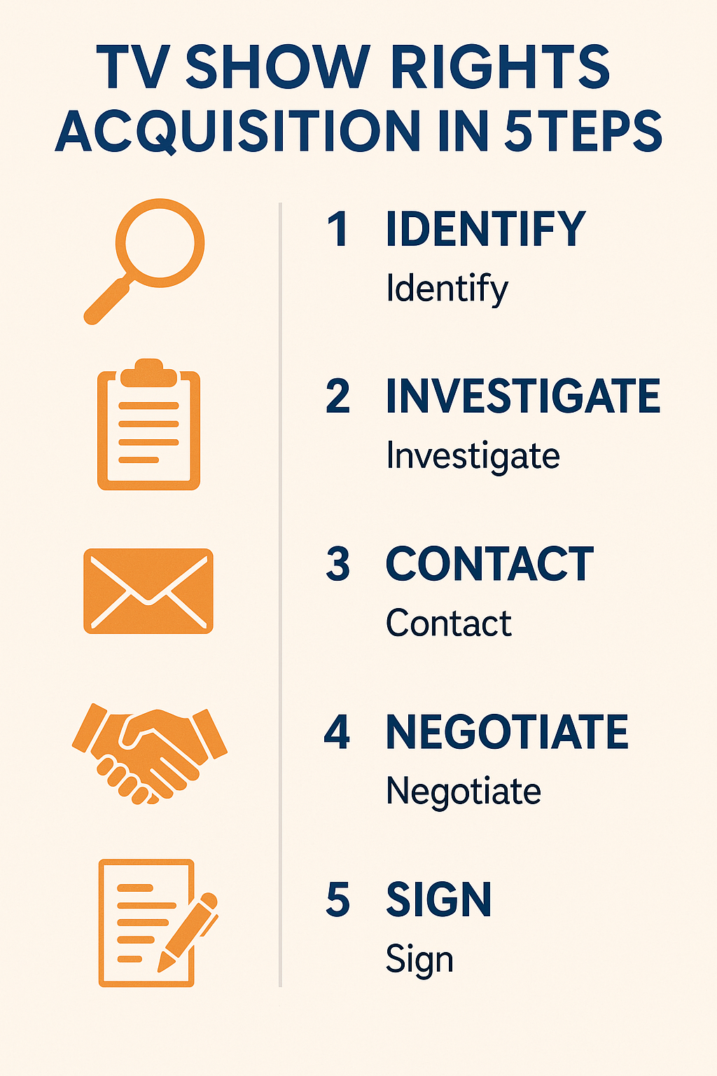 A step-by-step infographic outlining the five stages of TV show rights acquisition: Identify, Investigate, Contact, Negotiate, and Sign, accompanied by simple icons for each step.