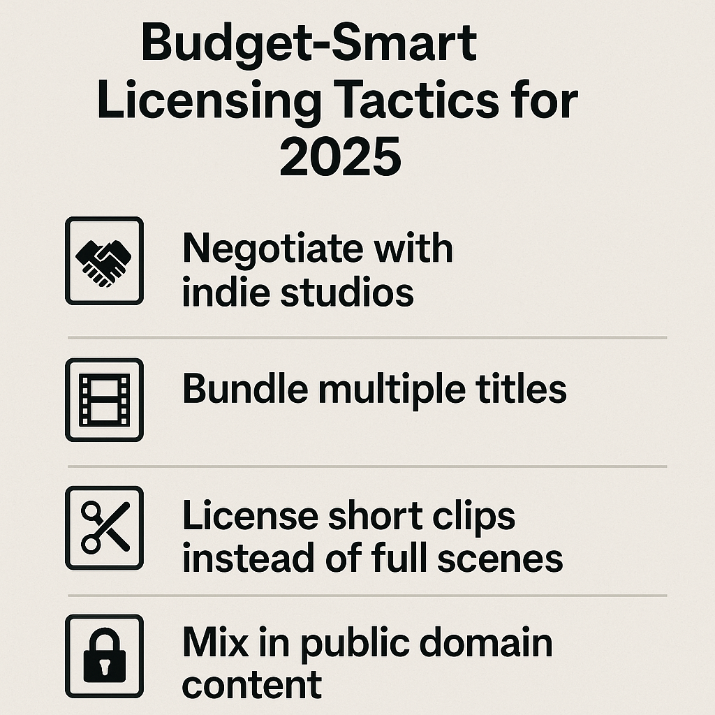 List of cost-saving licensing tactics including negotiating with indie studios, bundling titles, licensing short clips, and using public domain content.