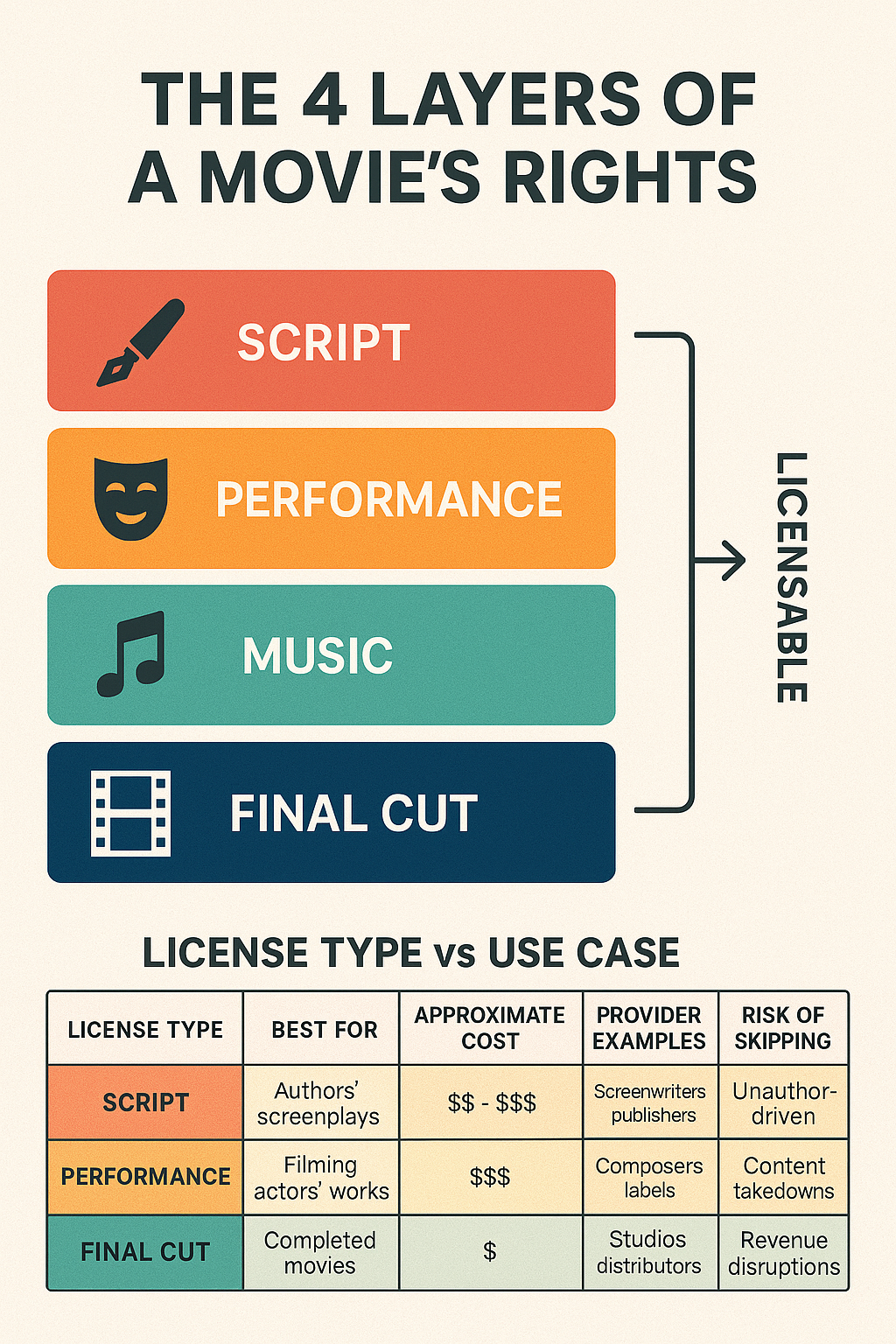 Diagram listing the four licensable layers of a movie: script, performance, music, and final cut.