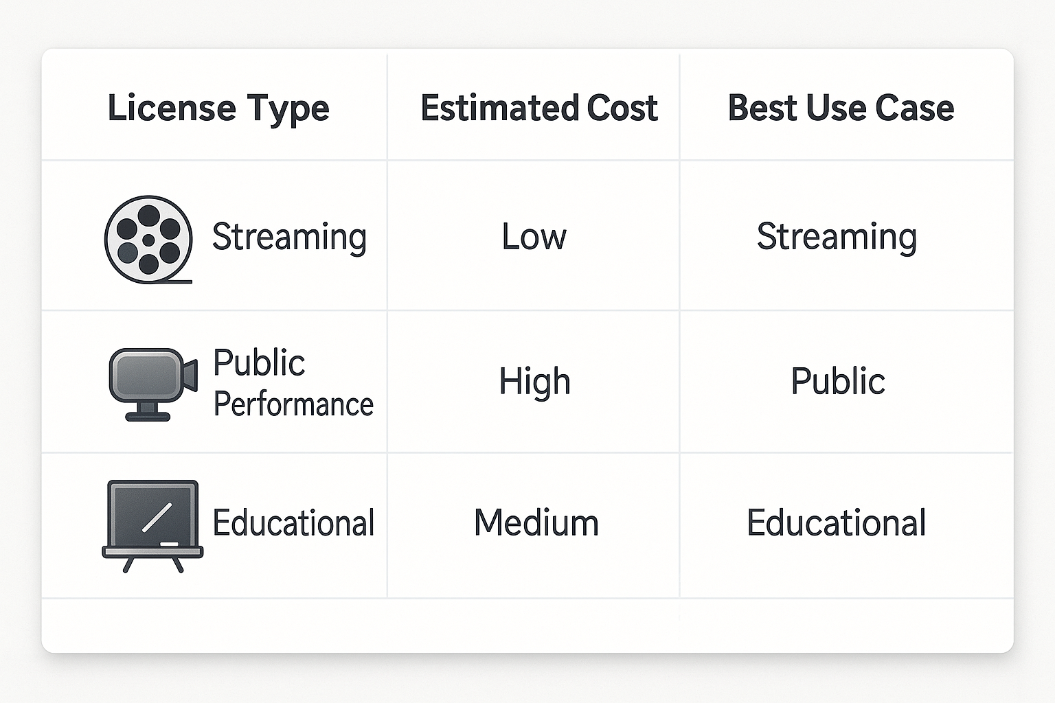 Table comparing streaming, public performance, and educational licenses with icons and estimated cost levels.