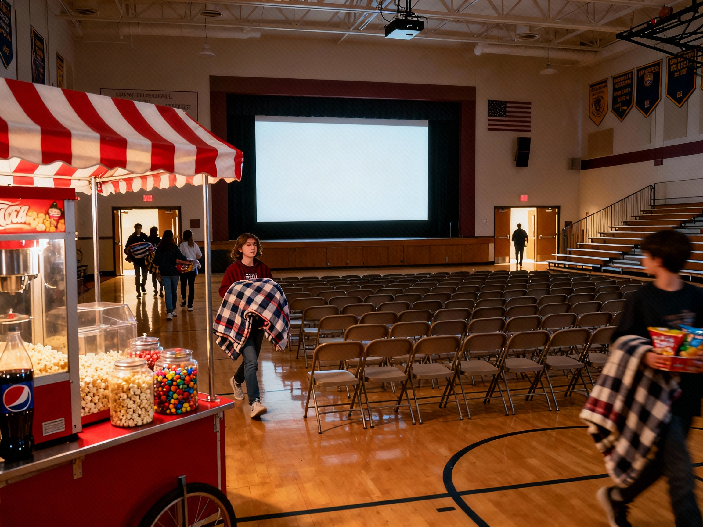 Empty school gym with a large projector screen, folding chairs, and a popcorn stand as students arrive for a movie event.