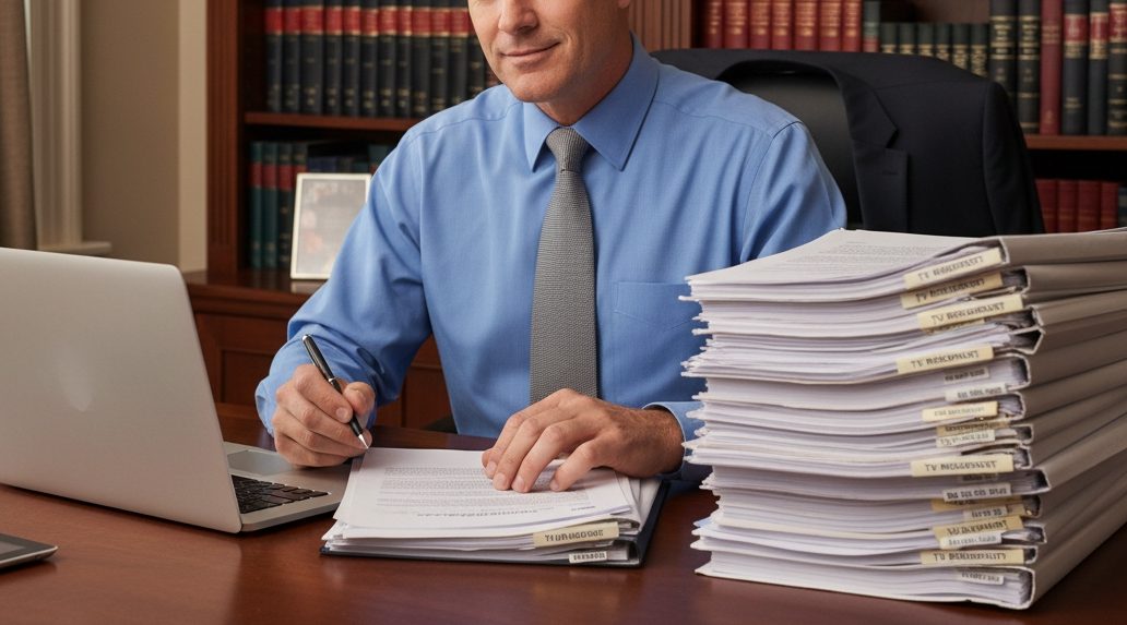 Entertainment lawyer reviewing TV rights contracts at his desk, surrounded by legal binders and documents in a professional office.
