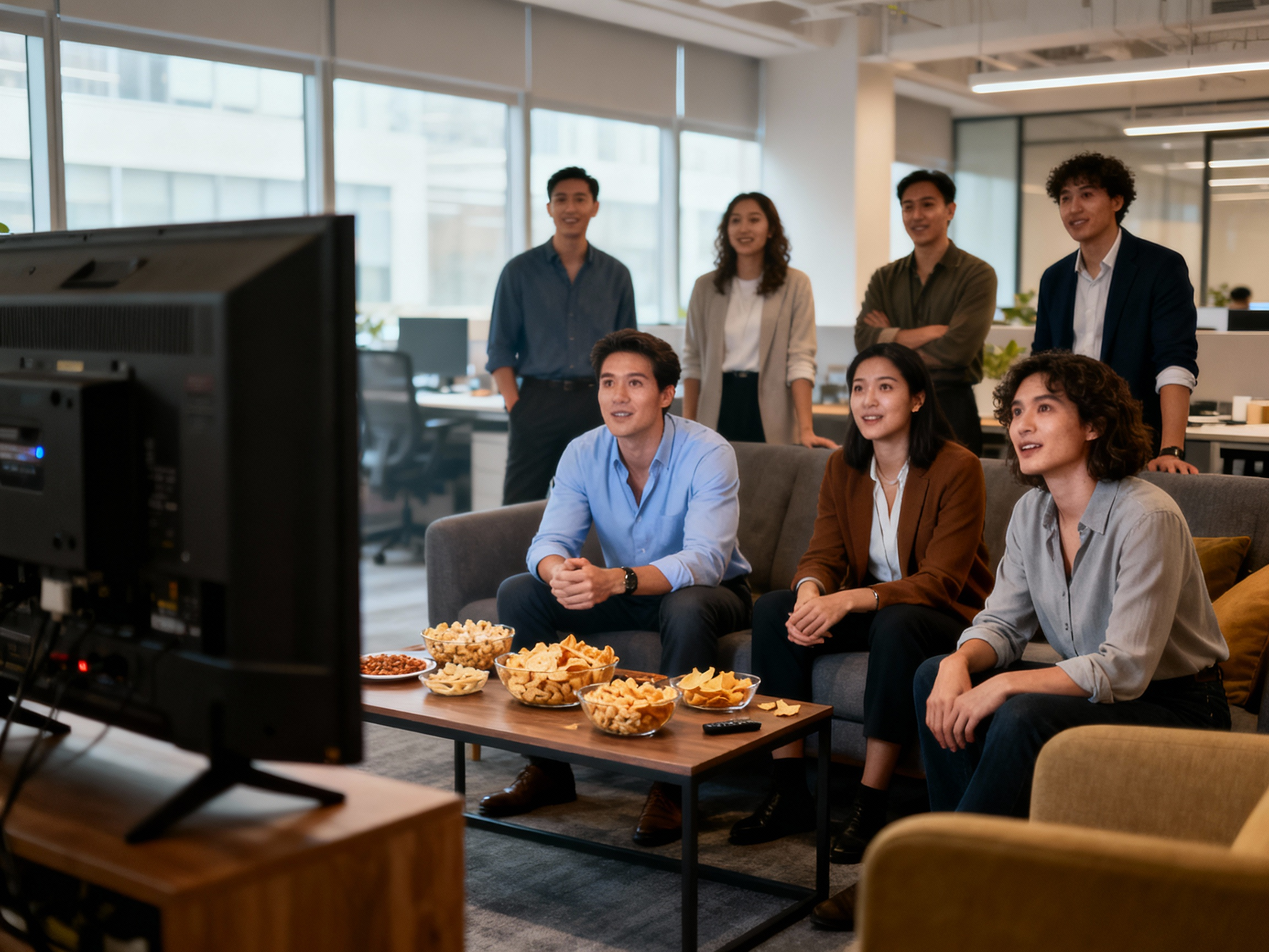 Group of coworkers watching a movie together in an office lounge with snacks on the table.