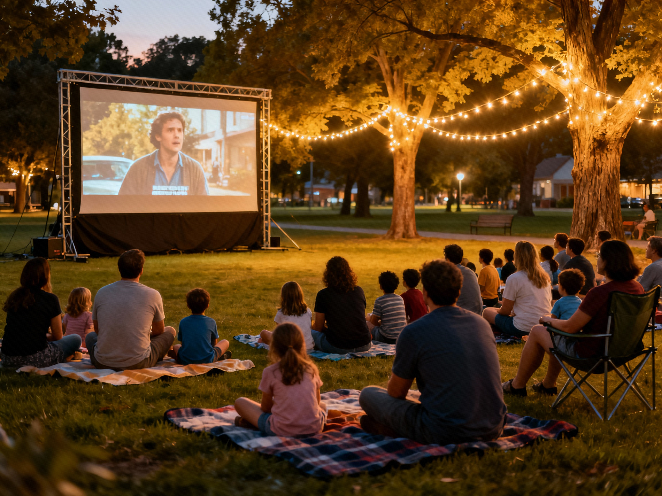 Audience sitting on blankets in a park watching a movie on an outdoor screen under string lights.