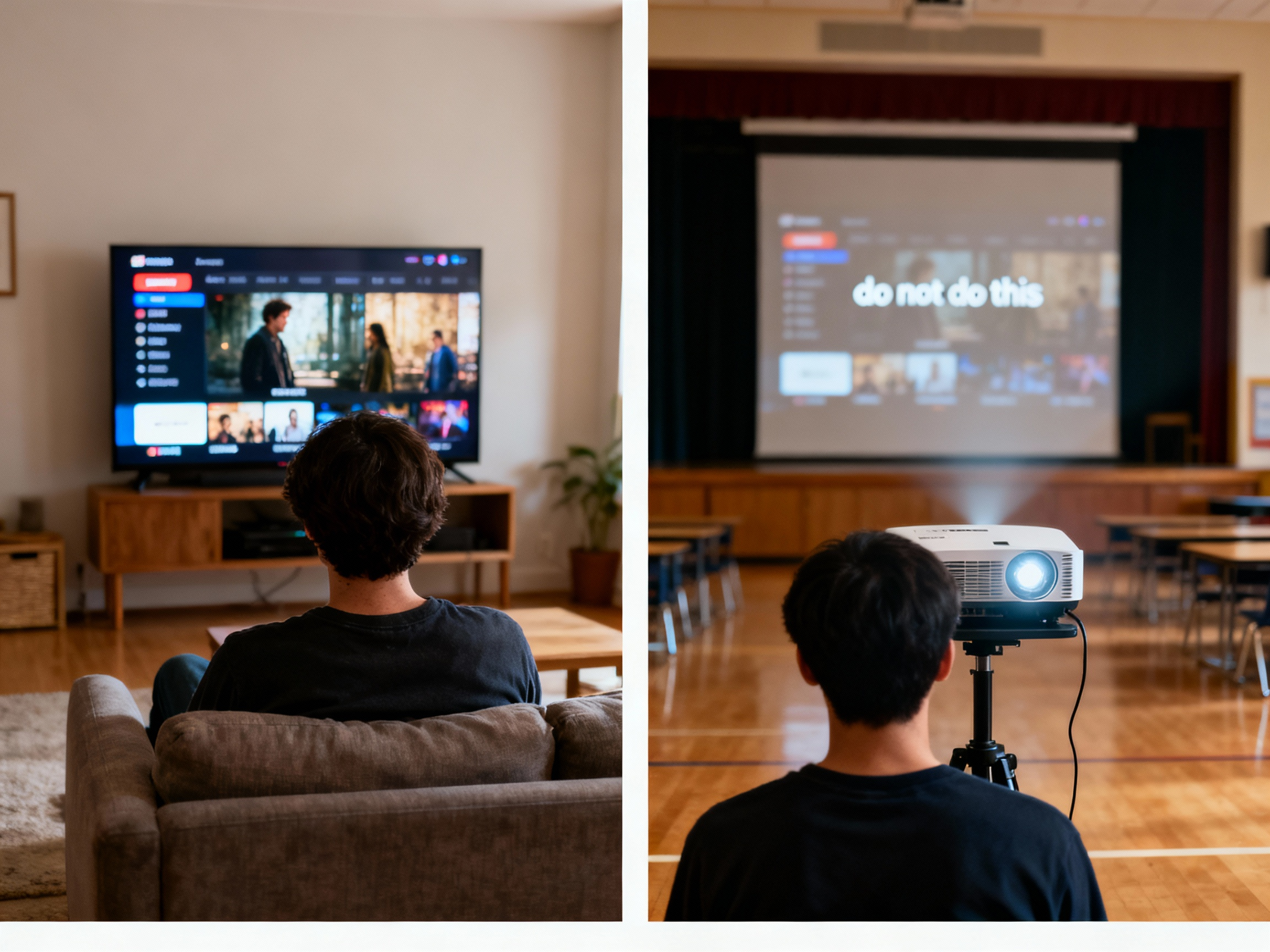 Split image showing a person watching streaming content at home on the left, and someone projecting a streaming screen in a public hall on the right.